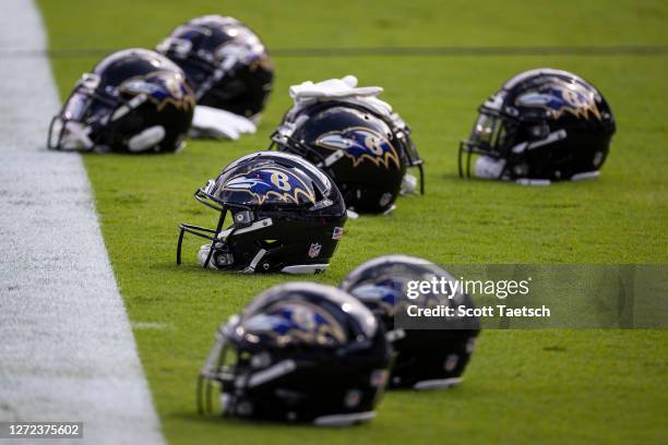Detailed view of Baltimore Ravens helmets on the field before the game between the Baltimore Ravens and the Cleveland Browns at M&T Bank Stadium on...