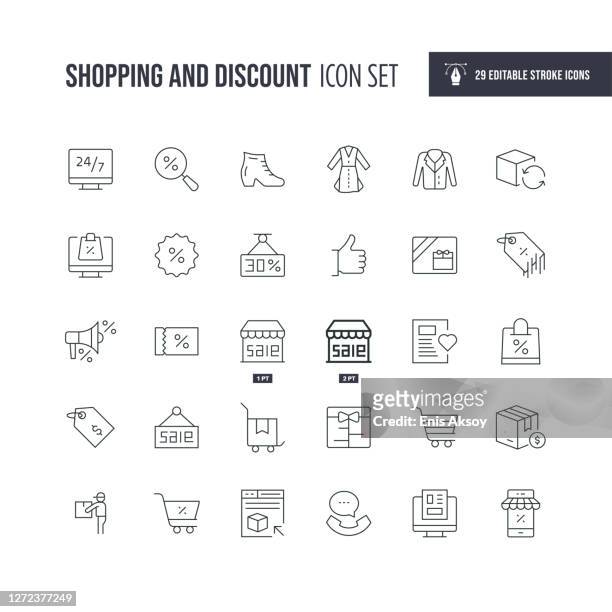 shopping und discount editable stroke line icons - kleidung geordnet stock-grafiken, -clipart, -cartoons und -symbole