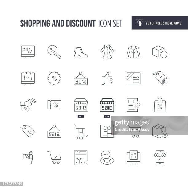 shopping and discount editable stroke line icons - discount store stock illustrations