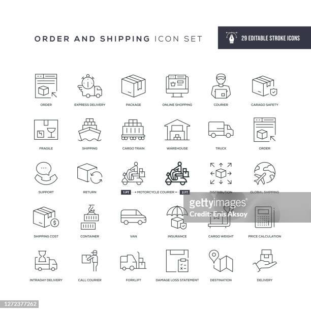 ilustraciones, imágenes clip art, dibujos animados e iconos de stock de ordenar y enviar iconos de línea de trazo editables - shipping