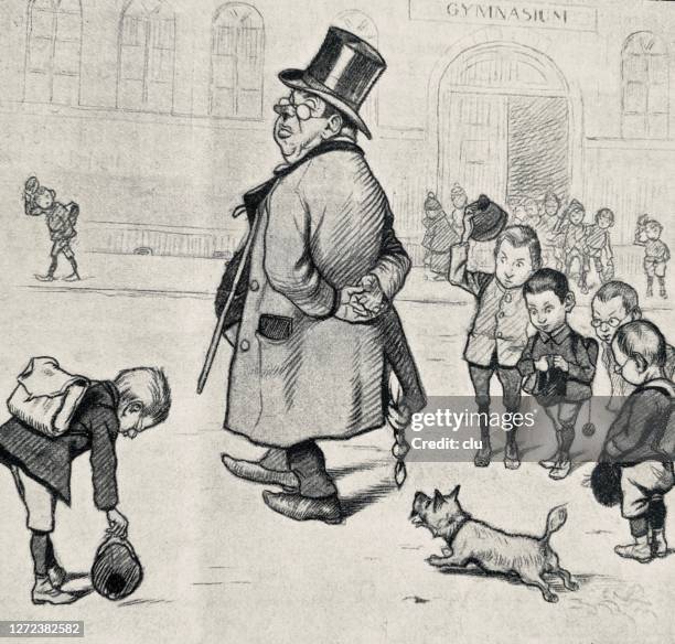 schoolboys greet the teacher at the schoolyard - school yard stock illustrations