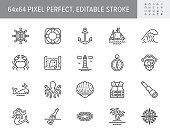 Marine line icons. Vector illustration included icon as anchor, sea wave, message in a bottle, rope, sailor, lighthouse, wheel, pirate outline pictogram of ocean. 64x64 Pixel Perfect Editable Stroke