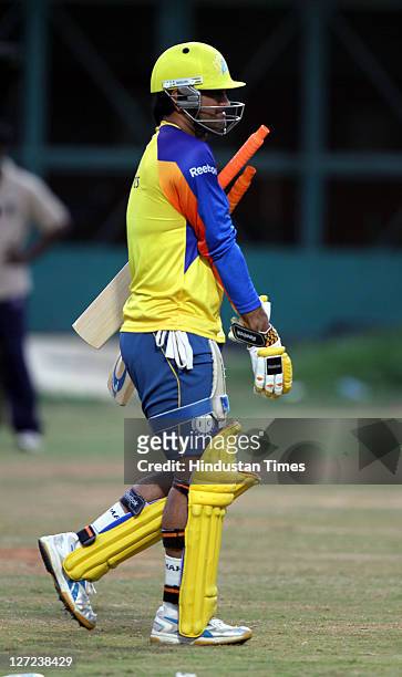 Chennai Super Kings captain MS Dhoni padded up during a practise session at M. A. Chidambaram Stadium in Chennai, India on September 23, 2011.
