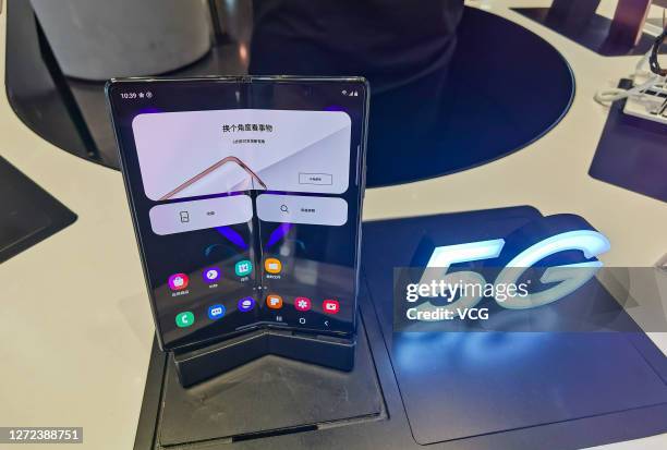 Samsung Galaxy Z Fold2 5G foldable smartphone is seen at Samsung flagship store on September 14, 2020 in Shanghai, China.