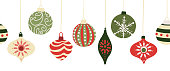 Christmas baubles seamless vector border. Repeating banner background with hanging Christmas ornament garland red and green. Use for holiday greeting card decor, letterhead, banners, fabric trim