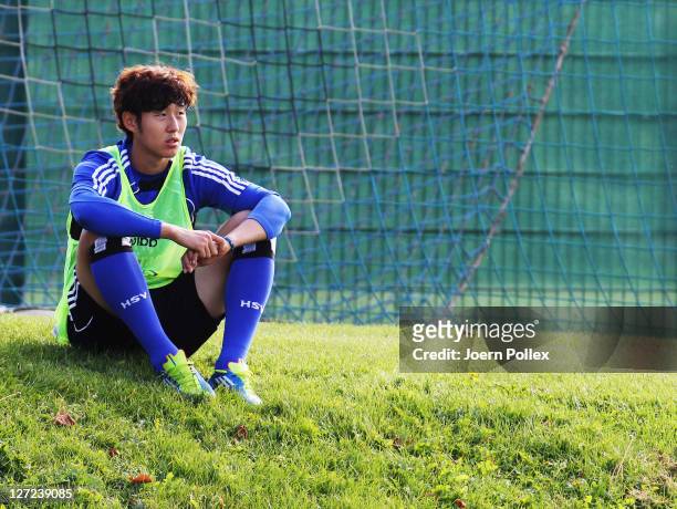 Heung Min Son is seen during a Hamburg SV training session on September 27, 2011 in Hamburg, Germany.