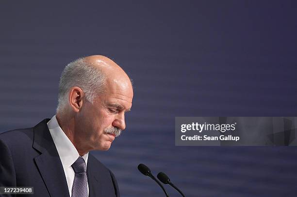 Greek Prime Minister George Papandreou speaks at a convention of the Federation of German Industry to appeal for more German investment in Greece on...