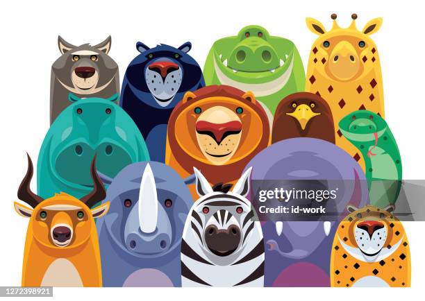 ilustraciones, imágenes clip art, dibujos animados e iconos de stock de grupo de animales de safari alegres - elephant head