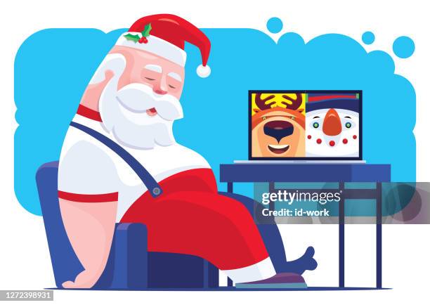 sleepy santa claus video chatting with friends - santa leaning stock illustrations