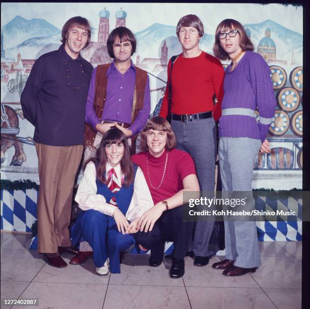 Karen Carpenter and Richard Carpenter of The Carpenters, posed with the rest of the band, photo session in Tokyo, Japan, 2nd June 1972.