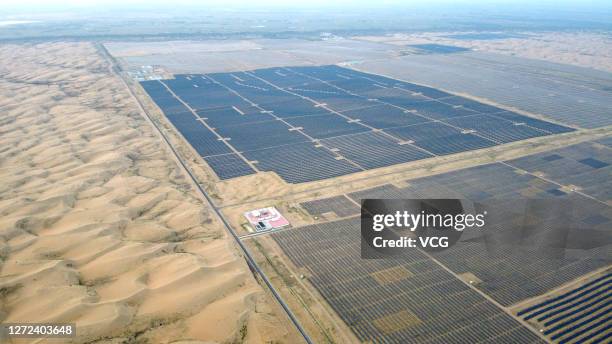 Aerial view of the photovoltaic power station at the Kubuqi Desert on September 12, 2020 in Ordos, Inner Mongolia Autonomous Region of China.