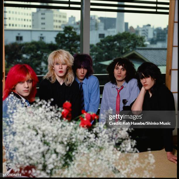 English new wave band Japan, photo session at a hotel in Tokyo, Japan, March 1979. Mick Karn ,David Sylvian ,Richard Barbieri ,Rob Dean ,Steve Jansen...