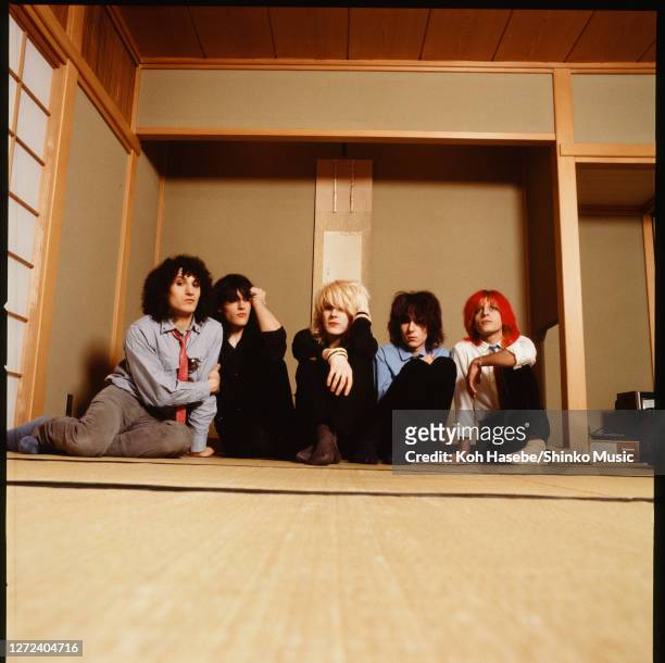 English new wave band Japan, photo session at a hotel in Tokyo, Japan, March 1979. Rob Dean ,Steve Jansen ,David Sylvian , Richard Barbieri ,Mick...