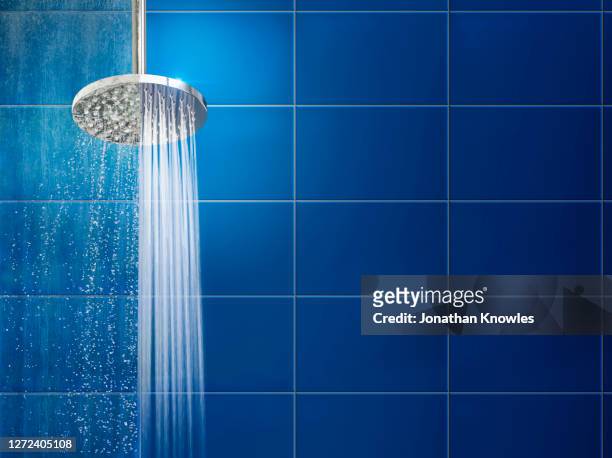 water streaming from shower head - running water stock-fotos und bilder