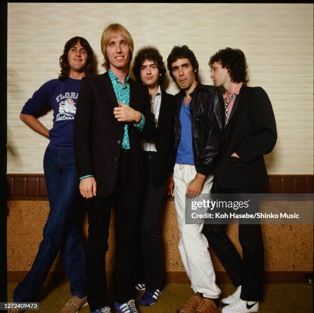 Tom Petty and the Heartbreakers, group portrait, at a hotel in Tokyo, Japan, April 1980. L-R Stan Lynch, Tom Petty, Benmont Tench, Ron Blair, Mike...