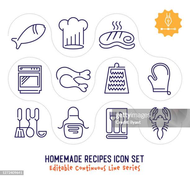 hausgemachte rezepte editierbare kontinuierliche linie icon pack - ente geflügelfleisch stock-grafiken, -clipart, -cartoons und -symbole