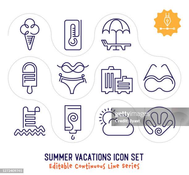 summer vacations editable continuous line icon pack - sun burn vector stock illustrations