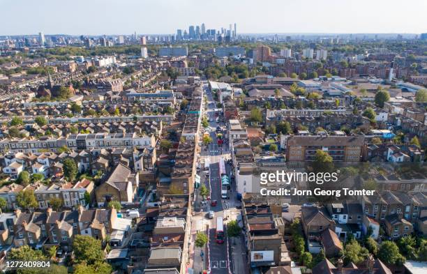 aerial view of city high street - hackney weekend stock pictures, royalty-free photos & images
