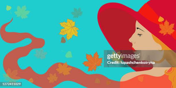 vector illustration of a profile portrait of a woman with reddish long hair in a bright red hat and a red scarf against the background of flying autumn yellow and orange leaves and a blue autumn sky - 45 49 years stock illustrations