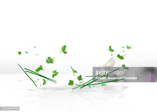 chopped parsley, garlic and chive - vegetables white background stock pictures, royalty-free photos & images