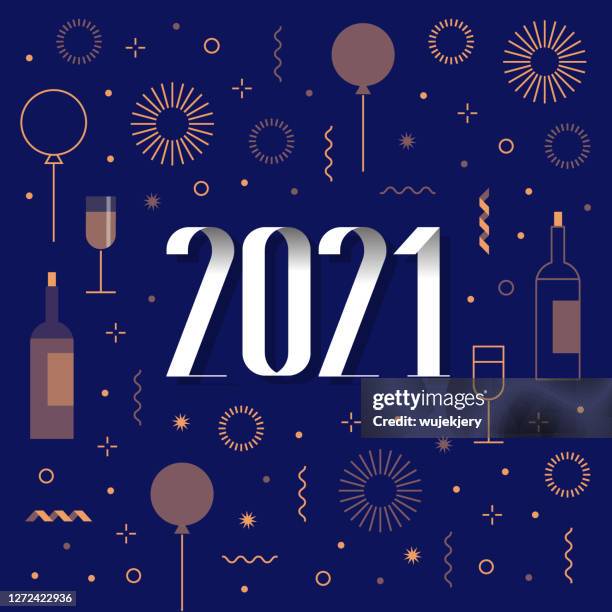 new year card 2021 with fireworks, confetti, ballons - honour icon stock illustrations