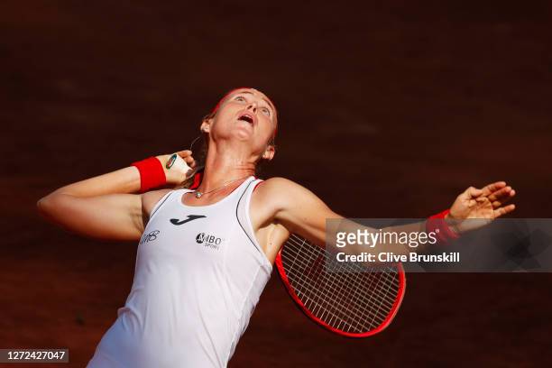 Marie Bouzkova of the Czech Republic serves in her round one match against Ajla Tomljanovic of Australia during day one of the Internazionali BNL...