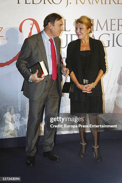 Spanish newspaper El Mundo Pedro J. Ramirez and baroness Carmen Thyssen-Bornemisza pose during the presentation of the book 'El primer naugrafio'...