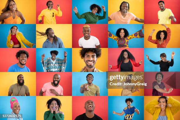 de portretten van de actie van diverse zwarte mensen die glimlachen - people collage stockfoto's en -beelden