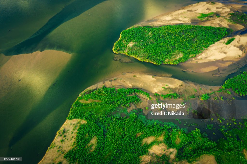 Sandbars in river of lower zambezi area in Zambia, Africa