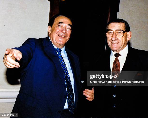 Czech-born British media mogul Ian Robert Maxwell poses with South African Ambassador to the United States Piet Koornhof , Washington DC, September...