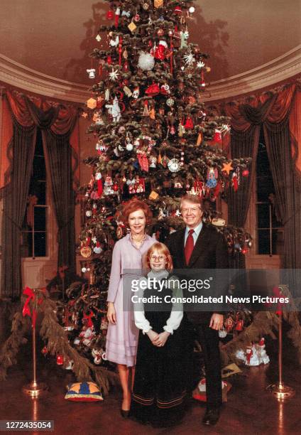 Portrait of the US First Family as they pose in front of the Christmas tree located in the Blue Room of the White House, Washington DC, December 20,...