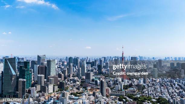 aerial view of tokyo skyline - tokio stock-fotos und bilder