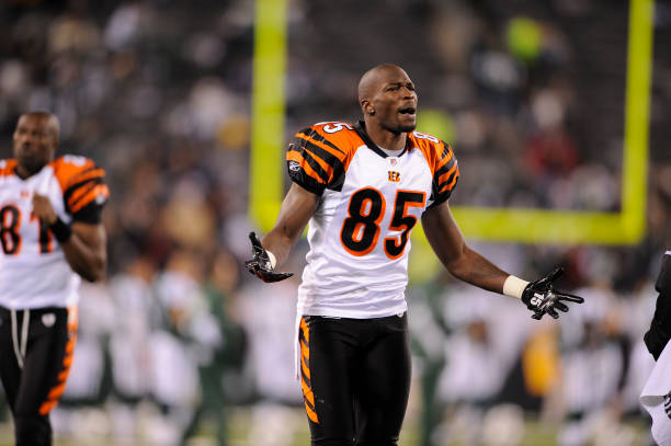 Chad Ochocinco of the Cincinnati Bengals during a game against the New York Jets at Metlife Stadium on November 25, 2010 in East Rutherford, New...