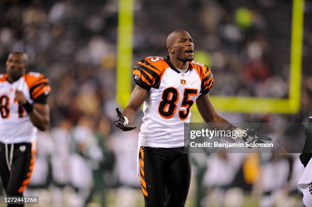 Chad Ochocinco of the Cincinnati Bengals during a game against the New York Jets at Metlife Stadium on November 25, 2010 in East Rutherford, New...