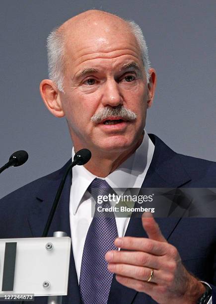 George Papandreou, Greece's prime minister, speaks during the BDI federation of German industries conference in Berlin, Germany, on Tuesday, Sept....