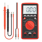 Multimeter electrical or electronics in red silicone shell, with probes. Electrician power tools. Multimeter and socket.