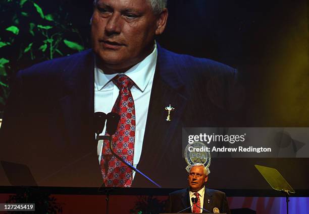 Allen Wronowski, President of the PGA of America, makes a welcome speech during the Ryder Cup Captains' Fireside Chat and Welcome Evening at Chicago...