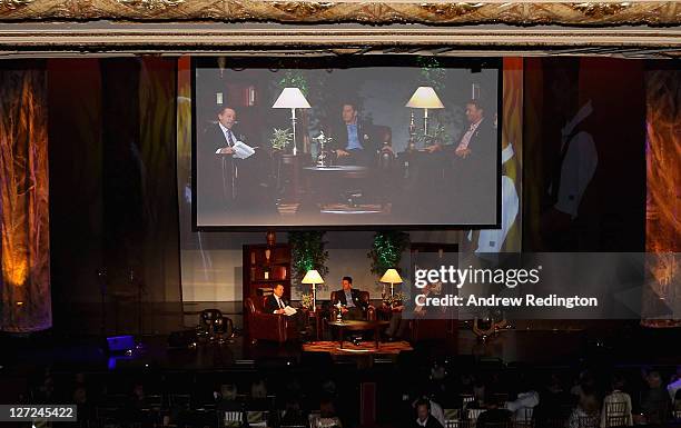 Presenter Jimmy Roberts, European Captain Jose Maria Olazabal and US Captain Davis Love III during the Ryder Cup Captains' Fireside Chat and Welcome...