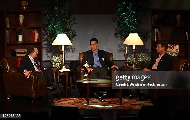 Presenter Jimmy Roberts, European Captain Jose Maria Olazabal and US Captain Davis Love III during the Ryder Cup Captains' Fireside Chat and Welcome...