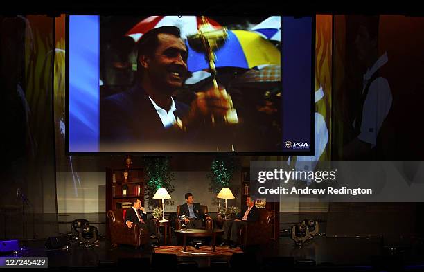 Presenter Jimmy Roberts, European Captain Jose Maria Olazabal and US Captain Davis Love III as they reminisce about the late Seve Ballesteros during...