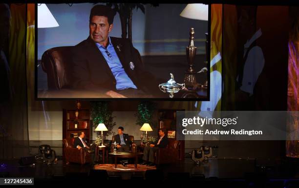 Presenter Jimmy Roberts, European Captain Jose Maria Olazabal and US Captain Davis Love III during the Ryder Cup Captains' Fireside Chat and Welcome...