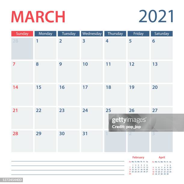 ilustraciones, imágenes clip art, dibujos animados e iconos de stock de 2021 marzo calendario planificador plantilla vectorial. la semana comienza el domingo - calendario pared