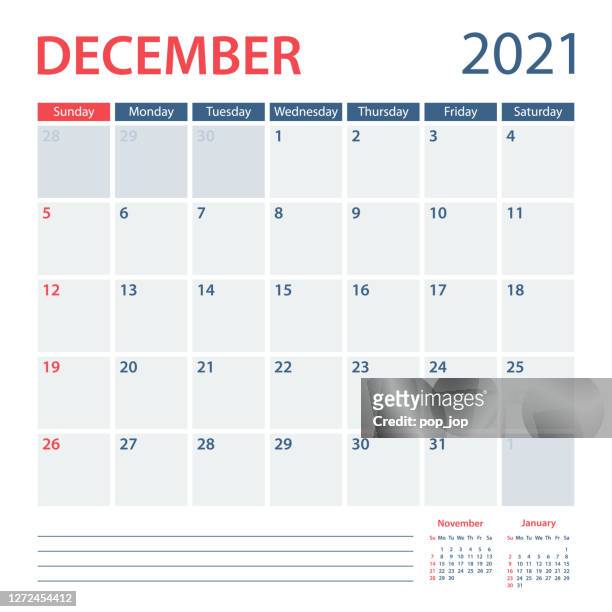 stockillustraties, clipart, cartoons en iconen met 2021 dexember calendar planner vector template. de week begint op zondag - 2021