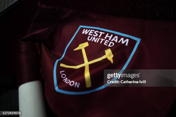 The West Ham club badge on a corner flag ahead of the Premier League match between West Ham United and Newcastle United at London Stadium on...