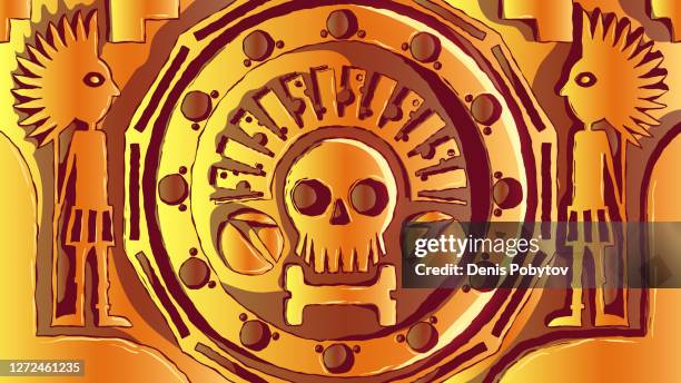 hand-drawn vector bas-relief - embossed pattern on a gold wall. - copper surface stock illustrations
