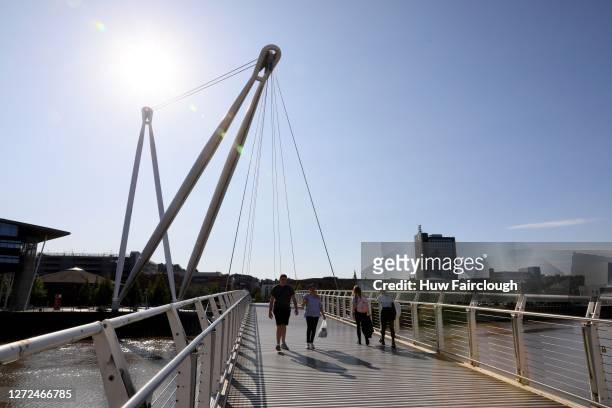 General view of the River Usk pedestrian Bridge, joining the City Centre to the East of the City on September 14, 2020 in Newport, United Kingdom.
