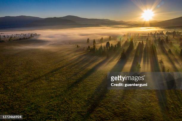 aerial view of a valley in the morning fog, carpathian mountains - romania stock pictures, royalty-free photos & images
