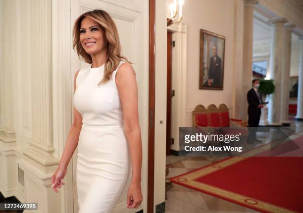 First Lady Melania Trump arrives at a roundtable on sickle cell disease in the State Dining Room of the White House on September 14, 2020 in...