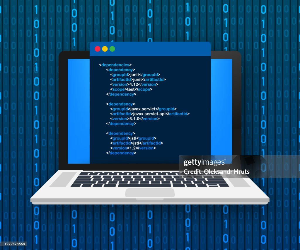 Vector laptop coding concept. Web developer, design, programming. Laptop screen code. Vector illustration.