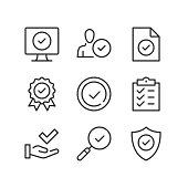 Quality control line icons. Approve, check mark symbols, checkmark, verification, guarantee, certification, approval concepts. Certified product. Simple outline symbols, modern linear graphic elements. Thin line design. Vector icons set